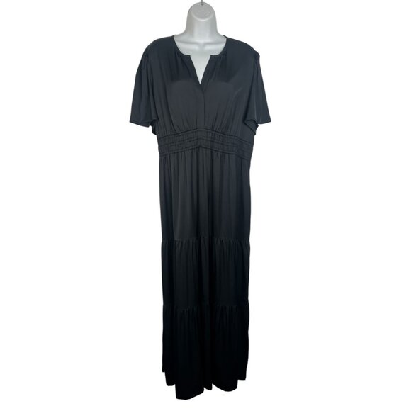 Quince Washable Stretch Silk Tiered Maxi Dress Short Sleeve Black XL - Picture 7 of 15